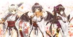  animal_ears black_hair black_wings blush bobomaster breasts bridal_gauntlets brown_hair detached_sleeves fan groin hat hauchiwa highres himekaidou_hatate inubashiri_momiji kourindou_tengu_costume large_breasts leaf multiple_girls no_panties red_eyes ribbon-trimmed_sleeves ribbon_trim shameimaru_aya shield short_hair smile tokin_hat touhou weapon white_hair wings wolf_ears 