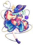  ;d eyeball flower green_eyes green_hair hat hat_ribbon heart heart_of_string karakuri_neko_(tkfm) komeiji_koishi one_eye_closed open_mouth ribbon rose short_hair silver_hair skirt smile solo third_eye touhou 