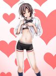  antenna_hair bow bowtie brown_eyes brown_hair cameltoe contrapposto feet_out_of_frame heart heart_background highres idolmaster idolmaster_(classic) kikuchi_makoto long_sleeves looking_at_viewer midriff navel open_mouth ousanshouou pink_background ribbed_legwear shirt_lift short_hair socks solo standing stomach swimsuit swimsuit_under_clothes 
