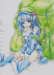 absurdres backpack bag blue_eyes blue_hair blush boots colored_pencil_(medium) hair_bobbles hair_ornament hat highres kawashiro_nitori key kitazinger off_shoulder short_hair sitting solo tears touhou traditional_media two_side_up v_arms 