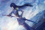  black_hair city clouds katana kill_la_kill kiryuin_satsuki kneehighs long_hair skirt sword weapon 