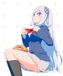  adjusting_bow aila_jyrkiainen akata_itsuki alternate_costume blue_eyes blush bow gundam gundam_build_fighters hair_ornament long_hair school_uniform silver_hair sitting skirt smile socks solo 