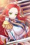  belt breasts coat deeple gloves green_eyes jaina_preventer large_breasts long_hair military military_uniform red_hair solo striped sword sword_girls uniform weapon 