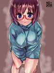  between_legs blush breasts brown_hair covered_nipples glasses impossible_clothes large_breasts leaning_forward looking_at_viewer no_pants open_mouth original purple_eyes red-framed_eyewear ribbed_sweater short_hair solo sweatdrop sweater tokita_monta turtleneck v_arms 