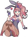  1girl :d animal_ears bangs black_bow black_gloves black_hairband black_leotard black_neckwear blue_eyes blush bow bowtie breasts brown_hair brown_legwear bunny_ears bunnysuit cleavage creatures_(company) detached_collar enpe eyebrows_visible_through_hair fake_animal_ears game_freak gloves hairband highres knees_together_feet_apart leotard long_hair nintendo open_mouth pantyhose poke_ball poke_ball_(generic) pokemon pokemon_(game) pokemon_bw ponytail round_teeth simple_background sitting small_breasts smile solo strapless strapless_leotard teeth touko_(pokemon) white_background wrist_cuffs 