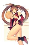  ankle_boots bare_shoulders blush boots breasts brown_eyes brown_hair chinese_clothes detached_sleeves embarrassed guilty_gear highres kuradoberi_jam large_breasts long_hair mahito miniskirt navel nipple_slip nipples skirt solo tears thighs torn_clothes torn_skirt very_long_hair wide_sleeves 