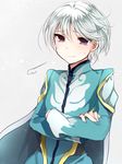  cape coat crossed_arms hoshihuri light_smile male_focus mikleo_(tales) purple_eyes solo sweat tales_of_(series) tales_of_zestiria white_background white_hair 