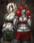  abs absurd_res akita big_breasts blue_eyes boxing boxing_gloves breasts canine cleavage clothed clothing dog duo elnora_magner female gloves green_eyes grey_wolf hair hi_res luka_cross mammal midriff muscles muscular_female red_hair strype wolf 