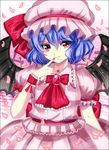  ascot bat_wings blue_hair brooch checkered checkered_floor cross expressionless fang fang_out finger_to_mouth fingernails gradient gradient_background hat hat_ribbon jewelry mob_cap nail_polish nekomyau petals puffy_short_sleeves puffy_sleeves red_eyes remilia_scarlet ribbon short_hair short_sleeves skirt skirt_set solo touhou upper_body wings wrist_cuffs 