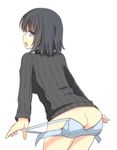  ass black_hair blue_eyes bottomless bra bra_on_ass character_request copyright_request from_behind ribbed_sweater simple_background solo sweater tori_(minamopa) underwear wardrobe_error you're_doing_it_wrong 