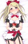  alternate_costume ayase_arisa black_legwear blonde_hair blue_eyes blush bow breasts clearite cleavage earrings enmaided garter_straps hair_bow hands_together highres jewelry long_hair looking_at_viewer love_live! love_live!_school_idol_project lying maid mogyutto_&quot;love&quot;_de_sekkin_chuu! on_back small_breasts solo thighhighs wristband 