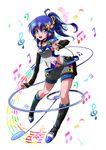  absurdres bad_id bad_pixiv_id bass_clef beamed_eighth_notes blue_eyes blue_hair boots breasts bridal_gauntlets choker detached_sleeves eighth_note half_note headphones heart highres idol knee_boots long_hair marimo_(yousei_ranbu) musical_note musical_note_hair_ornament nail_polish open_mouth original pinky_out ponytail quarter_note sharp_sign shorts small_breasts solo staff_(music) suspenders thirty-second_note treble_clef 