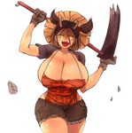  1girl apron black_hair breasts cow_girl cow_girl_(hataraki) creepy gigantic_breasts hat hataraki_ari hoe horns huge_breasts solo straw_hat worktool yellow_eyes 