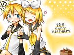  1boy 1girl birthday_cake blonde_hair blue_eyes blush brother_and_sister cake candle closed_eyes detached_sleeves eating fang feeding food fruit hair_ornament hair_ribbon hairclip happy_birthday headset himada_(nyanko) kagamine_len kagamine_rin necktie open_mouth ribbon short_hair siblings smile strawberry twins vocaloid yellow_neckwear 
