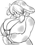  black_hair borrowed_character breasts cow_girl cow_girl_(hataraki) gigantic_breasts hood hoodie horns solo sprite37 