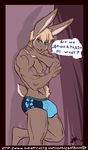  abs anthro balls biceps big_balls big_penis blonde_hair blue_eyes body_hair brown_fur brown_hair bulge butt castbound clothing english_text fur grin hair happy_trail lagomorph looking_at_viewer male mammal muscles nipples open_mouth pecs penis pink_nose pose presenting rabbit raised_leg smile solo speedo standing swimsuit tan_fur teeth text toned tongue topless underwear vein veiny_penis vpl wall 