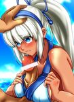  bad_id bad_pixiv_id bangs bar_censor blue_eyes blush breast_squeeze breasts censored clothed_female_nude_male covered_nipples dark_skin hair_ribbon hairband hand_on_another's_head large_breasts long_hair looking_up majikina_mina nude ocean paizuri paizuri_under_clothes penis piyopiyomen ponytail ribbon samurai_spirits sideboob silver_hair snk solo_focus 