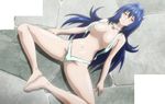  1girl areola_slip areolae bare_shoulders barefoot blue_hair blush breasts brown_eyes collarbone dutch_angle exercise feet feet_together female from_above hair_between_eyes hair_intakes hands jewelry large_breasts legs light_smile long_hair looking_at_viewer lying maken-ki! mound_of_venus navel nijou_aki on_back on_ground outdoors pendant screencap shadow shiny shiny_hair shiny_skin sling_bikini solo stitched sweat swimsuit thighs 