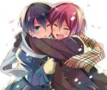  :d ;o black_hair blue_eyes coat fang free! gloves happy hirai_yuzuki hug matsuoka_rin multiple_boys nanase_haruka_(free!) one_eye_closed open_mouth plaid plaid_scarf red_hair scarf short_hair smile v-shaped_eyebrows younger 