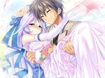  1boy 1girl aozora_stripe blush breasts brown_eyes carrying dress elbow_gloves eyes_closed flower game_cg gloves long_hair mizutani_sumire okazaki_shinya piromizu purple_hair smile wedding_dress 