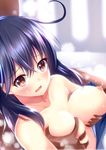  bad_id bad_pixiv_id bare_shoulders blue_hair blush breast_grab breasts brown_eyes grabbing highres kantai_collection lace lactation large_breasts liong long_hair nipples off_shoulder open_mouth solo_focus tears ushio_(kantai_collection) 