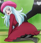  beret blue_hair choiark happinesscharge_precure! haruyama_kazunori hat hosshiwa kneeling light_blue_hair long_hair looking_at_viewer mary_janes open_mouth pantyhose pink_hat precure purple_eyes shoes solo_focus 