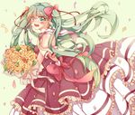  bouquet confetti dress flower green_eyes green_hair hatsune_miku kumamomoko long_hair open_mouth solo twintails very_long_hair vocaloid 