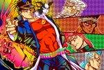  bad_id bad_pixiv_id beard black_hair blonde_hair blue_hair dark_skin dark_skinned_male dio_brando dog facial_hair gakuran green_eyes iggy_(jojo) inubana_jiruno jean_pierre_polnareff jojo_no_kimyou_na_bouken joseph_joestar kakyouin_noriaki kuujou_joutarou mohammed_avdol multiple_boys official_style pink_hair pointing school_uniform white_hair 