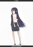  bad_id bad_pixiv_id black_hair blush brown_eyes formal hair_down highres jacket k-on! libre long_hair nakano_azusa navel no_bra open_clothes pantyhose pencil_skirt shoes skirt skirt_suit solo standing suit very_long_hair 
