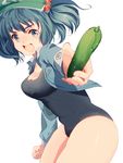  bad_id bad_pixiv_id blue_eyes blue_hair cucumber eyebrows hat highres jacket kawashiro_nitori mihatarou one-piece_swimsuit school_swimsuit short_hair swimsuit touhou two_side_up 