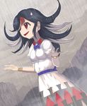  black_hair bow commentary_request crying directional_arrow dress highres horns kijin_seija multicolored_hair open_mouth rain red_eyes red_hair shope short_hair short_sleeves solo streaked_hair streaming_tears tears touhou white_hair 