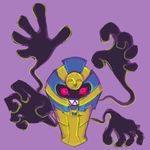 cofagrigus ghost grin multiple_arms no_humans pokemon purple_background red_eyes sarcophagus simple_background smile solo teeth 