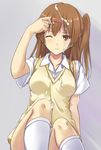  breasts brown_eyes brown_hair chuunibyou_demo_koi_ga_shitai! cum cum_on_clothes cum_on_hair hair_ornament hairclip konimaru long_hair medium_breasts nibutani_shinka one_eye_closed school_uniform side_ponytail sitting socks solo sweater_vest white_legwear 