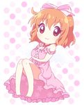  :3 barefoot bow breast_hold breasts chibi cleavage dress hair_bow kotobuki_hiyori looking_at_viewer medium_breasts mirai_(sugar) orange_eyes orange_hair outline pink_dress polka_dot polka_dot_background saikin_imouto_no_yousuga_chotto_okashiindaga solo strap_slip wings 