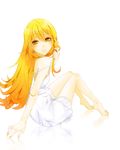  barefoot blonde_hair dress highres long_hair monogatari_(series) ooyuioo oshino_shinobu solo yellow_eyes 