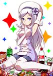  aila_jyrkiainen arm_up armpits bare_shoulders beret between_breasts blue_eyes blush boots bottle brand_name_imitation breasts chips coca-cola elbow_gloves food gloves gundam gundam_build_fighters hand_between_breasts hat kinoko_no_yama long_hair looking_at_viewer medium_breasts noodles oreo pantyhose pringles ramen shirono silver_hair sitting soda solo thigh_boots thighhighs wariza 