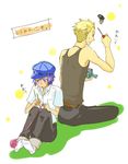  1boy 1girl atlus blonde_hair blue_hair couple hat knitting lowres megami_tensei persona persona_4 robot shin_megami_tensei shirogane_naoto short_hair tatsumi_kanji translation_request 