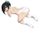  :o akatsuki_nagisa all_fours ass black_hair blush brown_eyes from_behind highres looking_at_viewer looking_back mokke_(mokke99) no_shoes open_mouth panties ponytail simple_background socks solo strike_the_blood sweatdrop top-down_bottom-up topless underwear underwear_only white_panties 