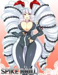  1girl agawa_ryou blue_eyes bodysuit breasts chains cleavage collar curvy drill_hair elbow_gloves female fingerless_gloves gloves hime_eyebrows huge_breasts lips long_hair nail_polish shiny silver_hair skull smile standing thick_thighs thighs very_long_hair white_hair wide_hips 