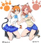  absurdres animal_ears blush cat_ears cat_tail clearite collaboration dress_shirt fang hairband highres hoshizora_rin kidachi kneeling looking_at_viewer love_live! love_live!_school_idol_project multiple_girls navel nishikino_maki open_mouth orange_hair otonokizaka_school_uniform paw_pose red_hair school_uniform shirt short_hair skirt smile sweater_vest tail twitter_username wavy_mouth yellow_eyes 