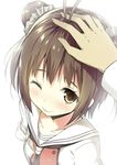  ;) antenna_hair blush brown_eyes brown_hair double_bun hand_on_another's_head kantai_collection looking_at_viewer naka_(kantai_collection) one_eye_closed out_of_frame petting school_uniform serafuku short_hair sky_(freedom) smile solo_focus 