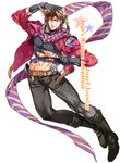  abs bola_(weapon) brown_hair fingerless_gloves gloves green_eyes hat highres idachi jacket jojo_no_kimyou_na_bouken joseph_joestar_(young) male_focus midriff one_eye_closed red_jacket scarf solo striped striped_scarf 