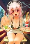  1girl absurdres bare_shoulders bikini bird blush breasts cleavage collarbone feeding food food_on_face foreshortening headphones highres jewelry kiwi kiwifruit multicolored_bikini navel necklace nitroplus off_shoulder open_mouth outstretched_hand palm_tree parfait perspective pink_hair pov pov_feeding red_eyes sitting solo spoon striped striped_bikini striped_swimsuit super_sonico swimsuit tree tsuji_santa 