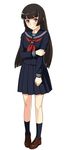  arm_grab bangs black_hair blush brown_eyes game_cg looking_at_viewer real_intention school_uniform serafuku skirt solo yizumi zakuro_suwa 