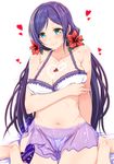  barefoot bikini blue_eyes blush breast_lift breasts clearite cleavage cream flower food food_on_body frilled_bikini frills fruit hair_flower hair_ornament heart hibiscus highres icing large_breasts long_hair looking_at_viewer love_live! love_live!_school_idol_project low_twintails navel purple_hair sarong see-through simple_background sitting smile solo strawberry swimsuit toujou_nozomi twintails wariza white_background 
