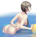  ass back bad_id bad_pixiv_id bikini black_hair blue_eyes breasts from_behind hair_censor hair_over_breasts hidezi large_breasts long_hair original partially_submerged ponytail solo swimsuit thong_bikini topless 