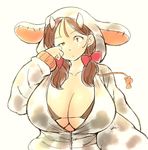  black_hair breasts cow_girl cow_girl_(hataraki) gigantic_breasts hataraki_ari hood hoodie horns solo 