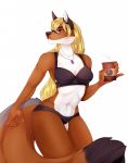  5_fingers anthro blonde_hair breasts brown_fur canine clothed clothing digital_media_(artwork) ear_piercing eyewear female fox fur glasses hair holding_object kristiana_puff mammal midriff navel piercing simple_background solo white_background 