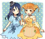  ako_(ako0905) blue_dress blue_eyes blue_hair blush braid brown_eyes brown_hair choker dokidoki!_precure double_bun dress eyelashes frills hair_bun hair_ornament happy hat hishikawa_rikka holding_hands long_hair looking_at_viewer multiple_girls one_eye_closed open_mouth precure short_hair single_braid smile standing top_hat twintails wrist_cuffs yellow_dress yotsuba_alice 