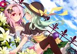  adapted_costume ahoge aqua_hair bad_id bad_pixiv_id blouse blue_sky breasts capelet choker cleavage cloud day eye_contact flower green_eyes hair_ribbon hat hat_ribbon heart highres holding_hands incest interlocked_fingers komeiji_koishi komeiji_satori lily_(flower) looking_at_another medium_breasts multiple_girls parted_lips pink_eyes pink_hair railing reclining ribbon short_hair siblings sisters skirt sky suisai thighhighs third_eye touhou wind yuri 